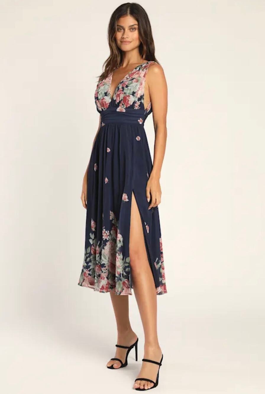 Lulus Flowery Hours Navy Floral Print Midi Dress sz M